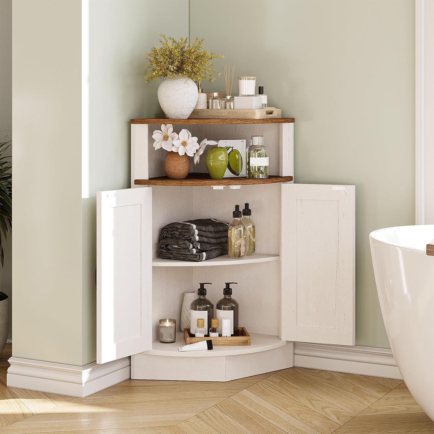 Vabches Corner Storage Cabinet, Farmhouse Small Floor Corner Cabinet with Barn Door and Adjustable Shelf, Narrow Cabinet Organizer for Bathroom,Pantry, Living Room, Kitchen, White