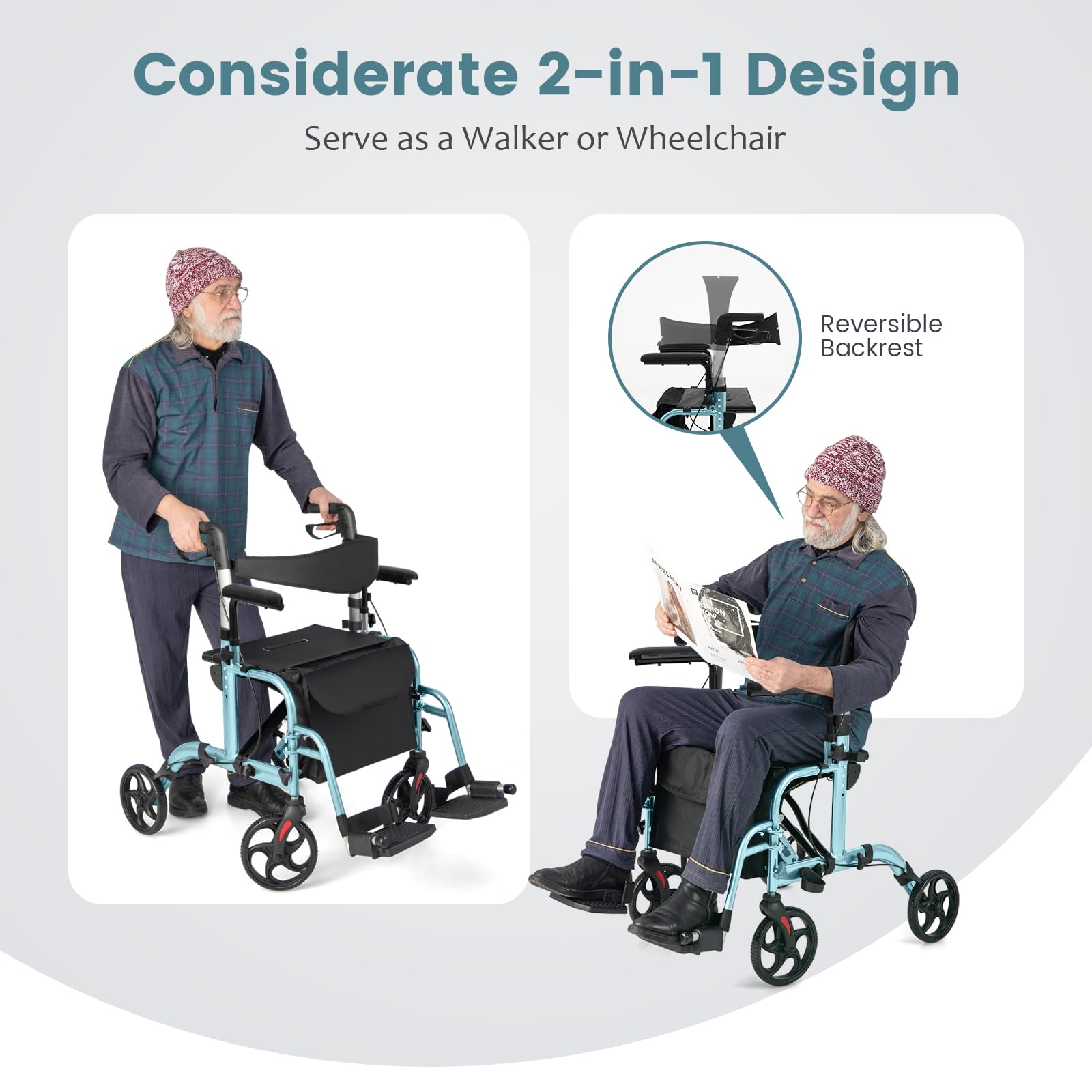 FANTASK Rollator faltbar & leicht, 2 in 1 Rollstuhl & Reiserollator mit Sitz, Gehhilfe mit Tasche & Doppelten Bremsen & Stockhalter, Gehwagen 6-fach Höhenverstellbar für Senioren (Blau)