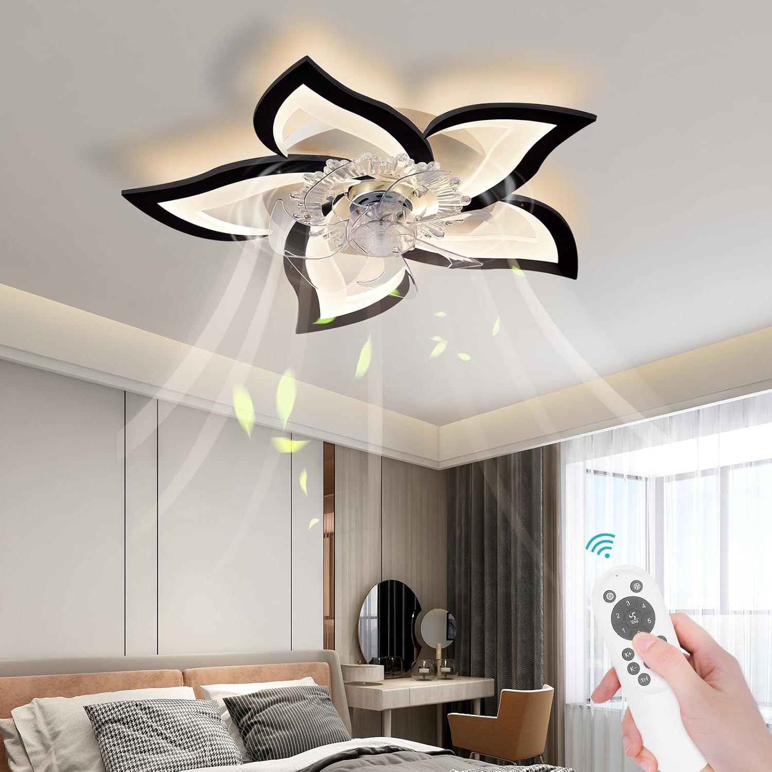 Low Profile Ceiling Fans with Lights,27.2” Black Modern Dimmable Flower Shape Ceiling Light Fan with Remote Control/app Control,Timing 6 Gear Speeds Fan Ceiling Lamp.