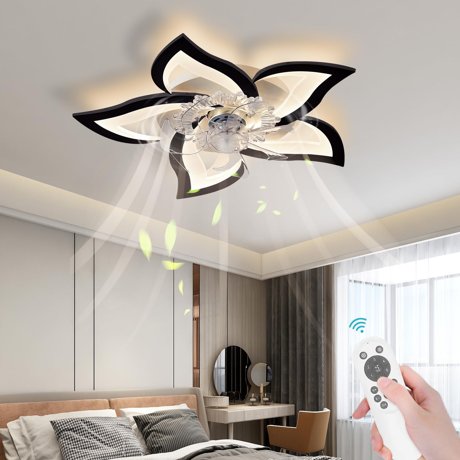 Bevenus Low Profile Ceiling Fans with Lights,27.2” Black Modern Dimmable Flower Shape Ceiling Light Fan with Remote Control/app Control,Timing 6 Gear Speeds Fan Ceiling Lamp.