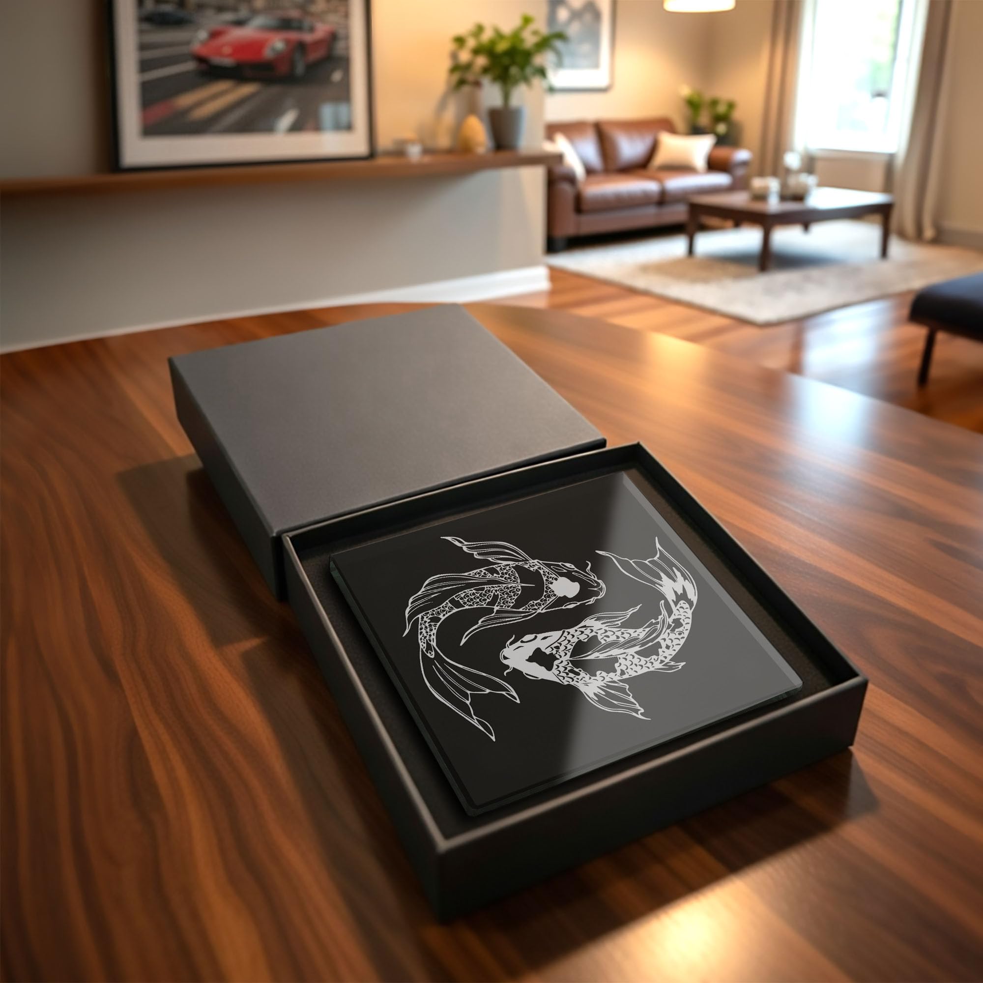 Koi Fish Glass Coaster Japanese Inspired Drink Coaster Tempered Glass Home Decor Gift (Gift Box Packaging)