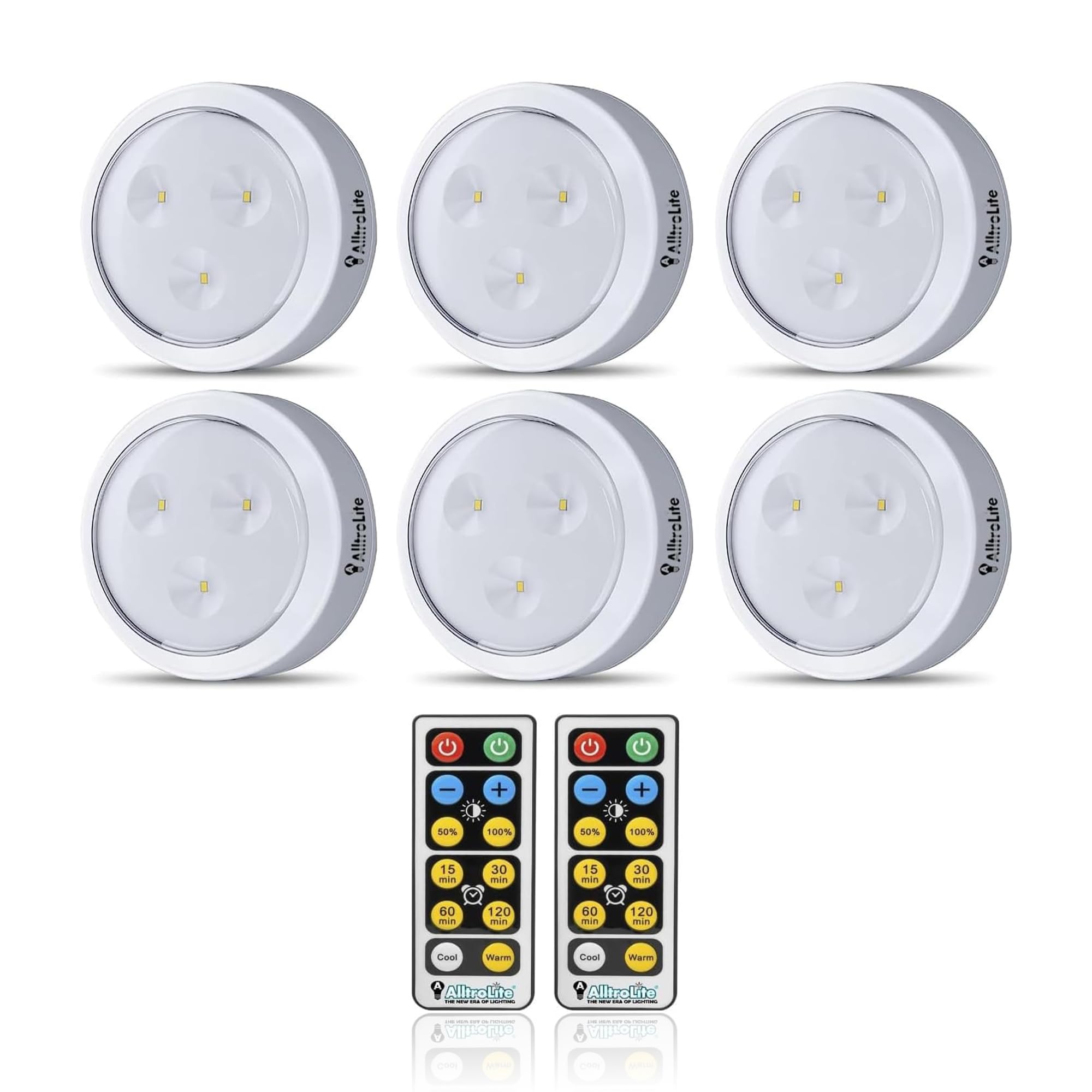 AlltroLite FA9099 LED Puck Lights with 2 Remotes (6 Pack) | 55 lumens Battery Operated Lights for Under Cabinets with Dimmer, Auto-Off Timer, Switchable 2 Color Temperature (Batteries Included)