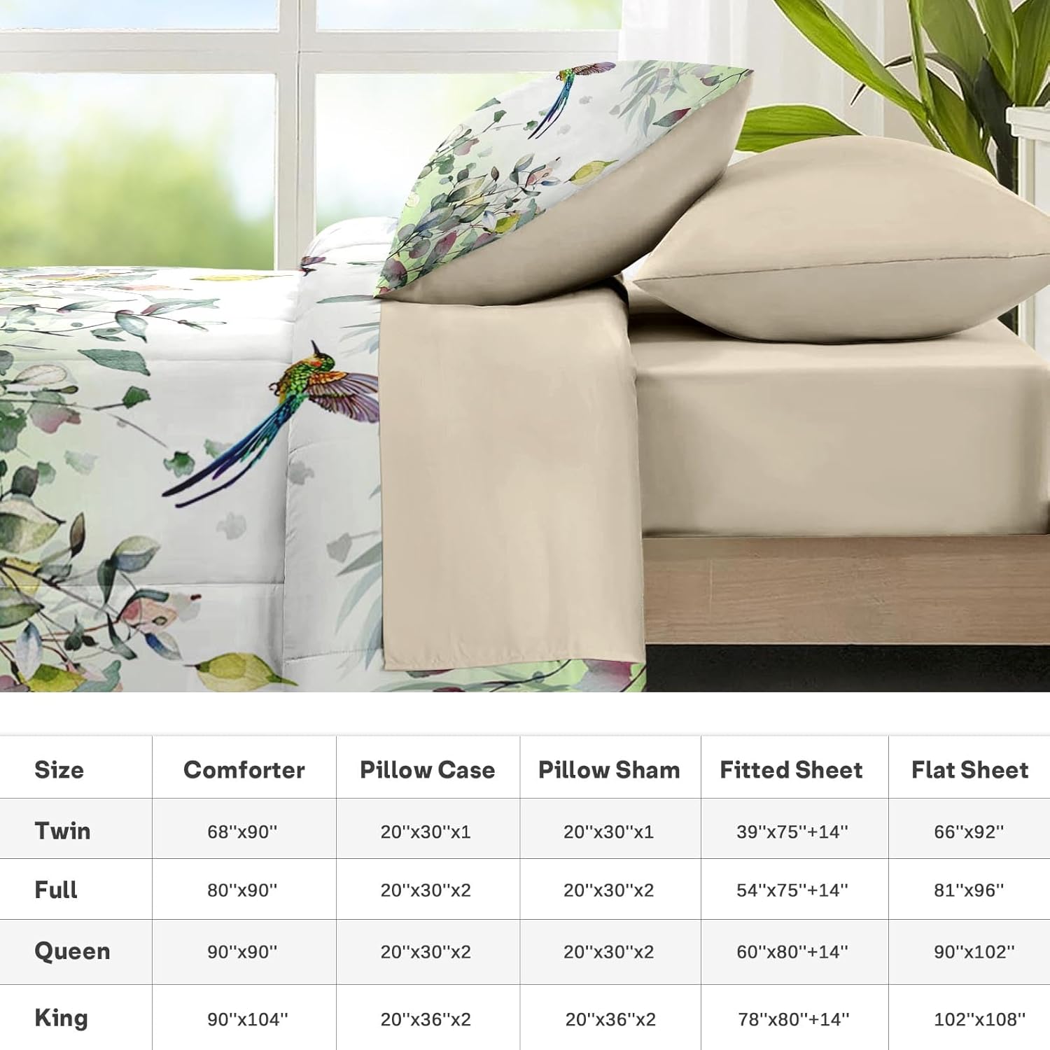 Nesker Spring Comforter Set Full Size, Hummingbird Greenery Leaf 7 Pcs Bedding for Kids and Adults, Watercolor Nature Bed Sheet Sets with Fitted Sheet 2 Pillowcases & 2 Shams