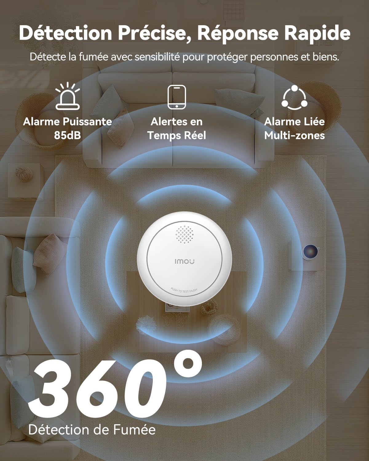 Imou Lot de 3 Détecteurs de Fumée WiFi Intelligent EN14604, Batterie 5 Ans | Sirène 85db, Alarme Incendie Synchronisée Via Hub Zigbee (sans WiFi), Commande Via App, Alertes à Distance (Hub Inclus)