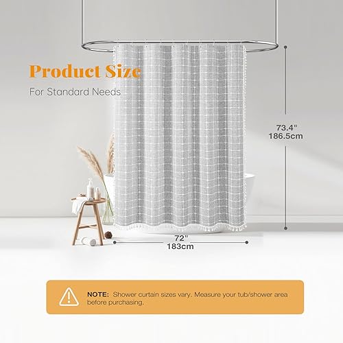 Miniatura 6 de BTTN Boho Farmhouse Shower Curtain, Linen Rustic Heavy Duty Fabric Shower Curtain Set with Tassel, Water Repellent, Bohemian Vintage Country Thick