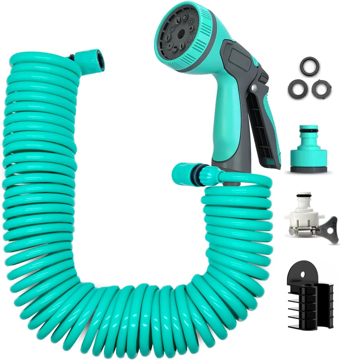 eormoe Coil Garden Hose 15M 50FT, EVA Recoil Garden Hose,Self-coiling Water Hose with 3/4" Connector Fittings with 10 Function Spray Nozzle,Retractable,Corrosion Resistant(Blue)