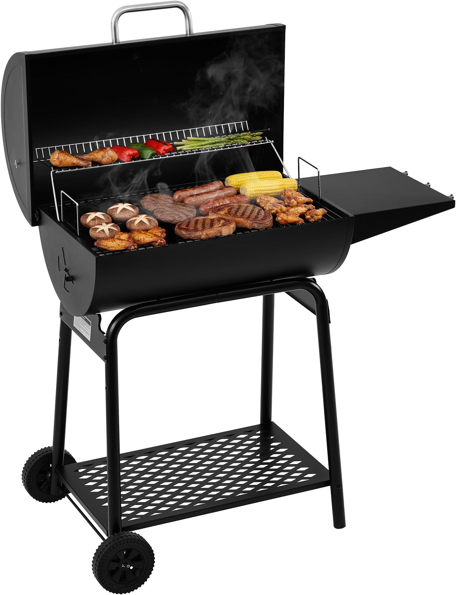 Royal Gourmet CC1830 30 Inch Barrel Charcoal Grill with Side Table, Outdoor BBQ Grill with 627 Sq. In. Cooking Space for Backyard, Patio and Parties, Black