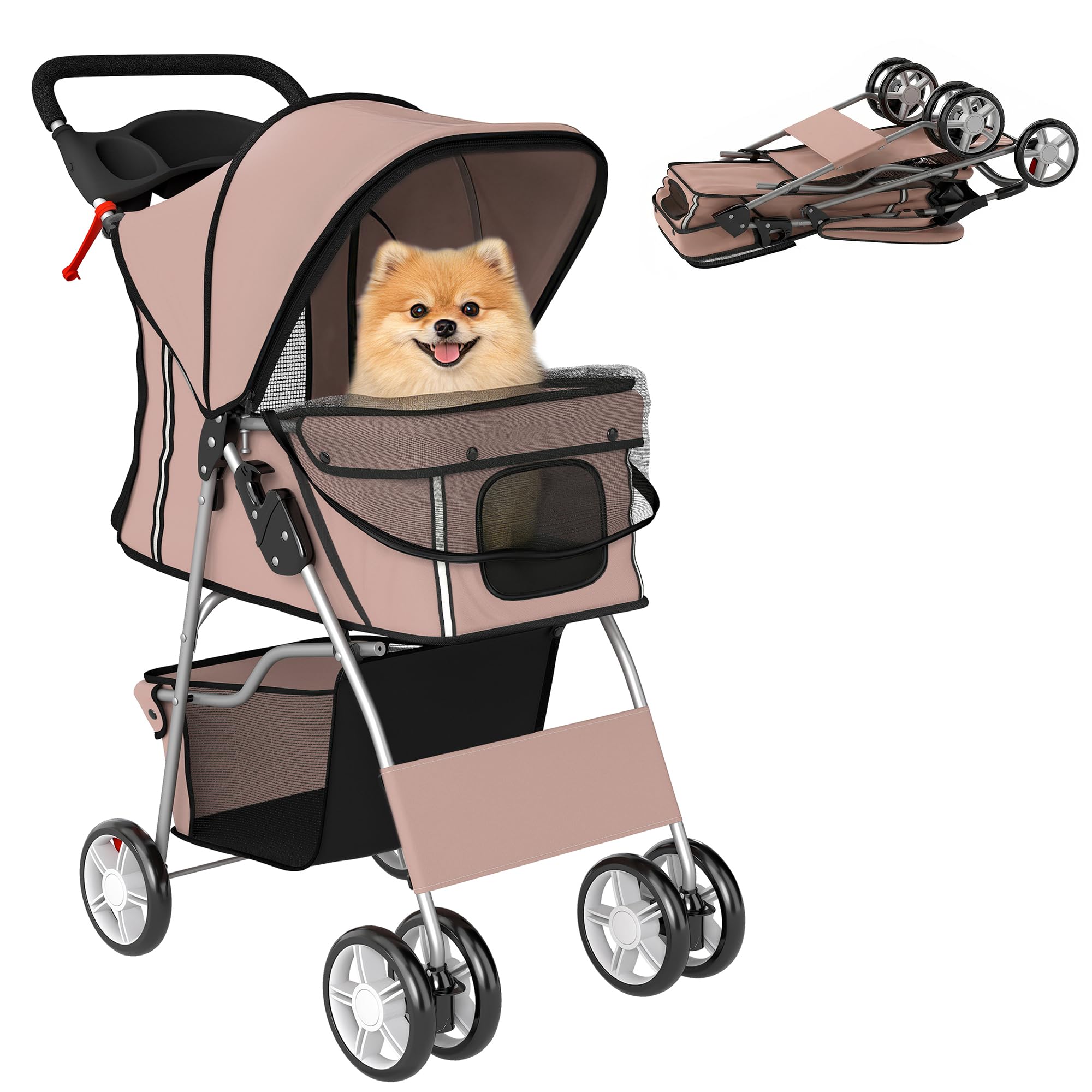 PawHut Carrito para Perros Plegable hasta 10 kg, Cochecito para Perros Pequeños con Ruedas de EVA y Frenos, Cesta de Almacenaje, Ventanas de Malla, Portavasos, Cojín Lavable, 77x44x102 cm, Café
