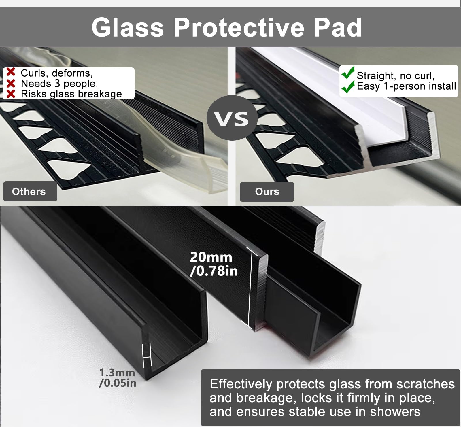 Cristal de ducha con canal F profundo, perfil de montaje en techo de pared de aluminio para panel de 1/3 3/8 1/2 pulgadas de grosor, retenedor de puerta sin marco de baño