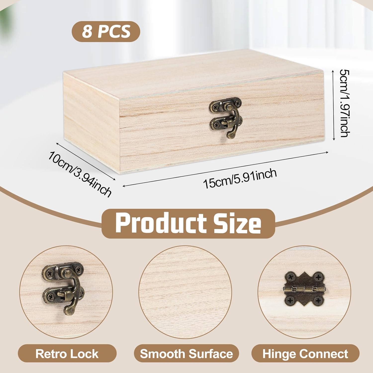 8 Pack Unfinished Wooden Box 6" x 4" x 2" DIY Storage Jewelry Boxes Small Keepsake Box for Crafts