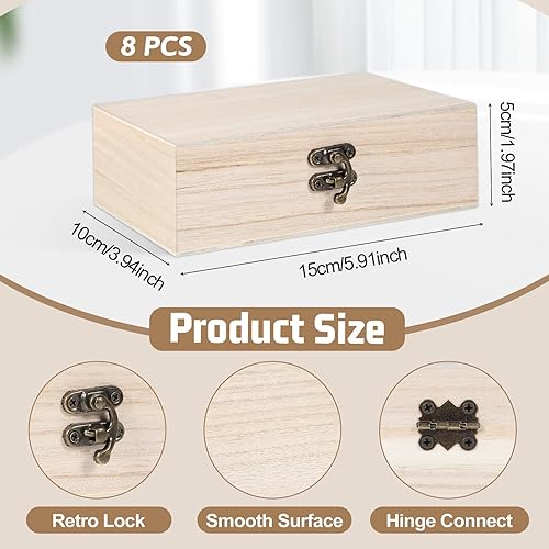 Miniatura 2 de Paquete de 8 cajas de madera sin terminar de 6 x 4 x 2 pulgadas, cajas de joyería de almacenamiento para manualidades, caja pequeña de recuerdo para