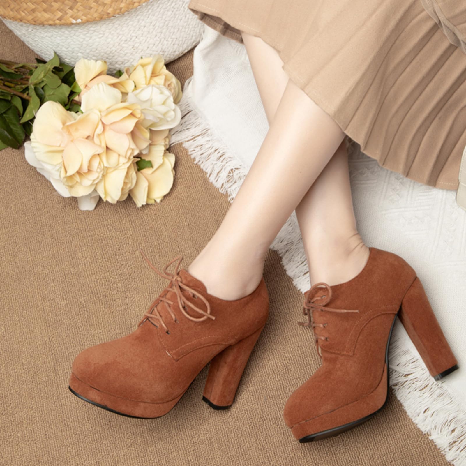 Onewus Damskie buty sznurowane w stylu vintage z wysokimi obcasami blokowymi, do biznesu/pracy