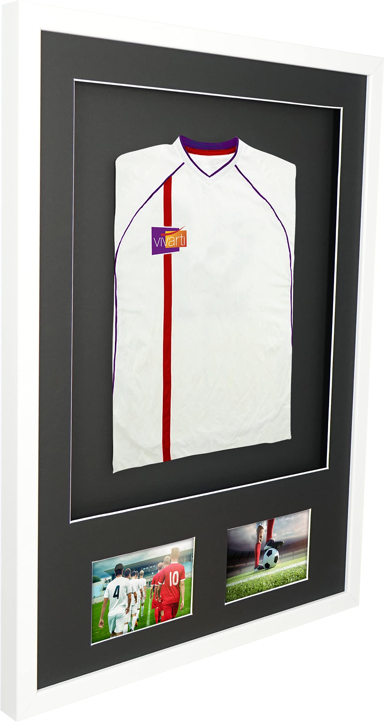 Vivarti DIY - Marco de visualización de camisa deportiva con doble apertura (50 x 70 cm), color blanco brillante, soporte negro, tarjeta de respaldo negra