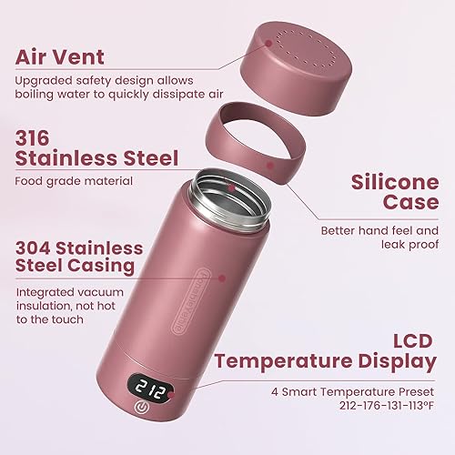 Miniatura 2 de Hervidor eléctrico de viaje, mini tetera portátil, acero inoxidable 316, 16.91 onzas, pequeña caldera de agua caliente con 4 ajustes de temperatura,