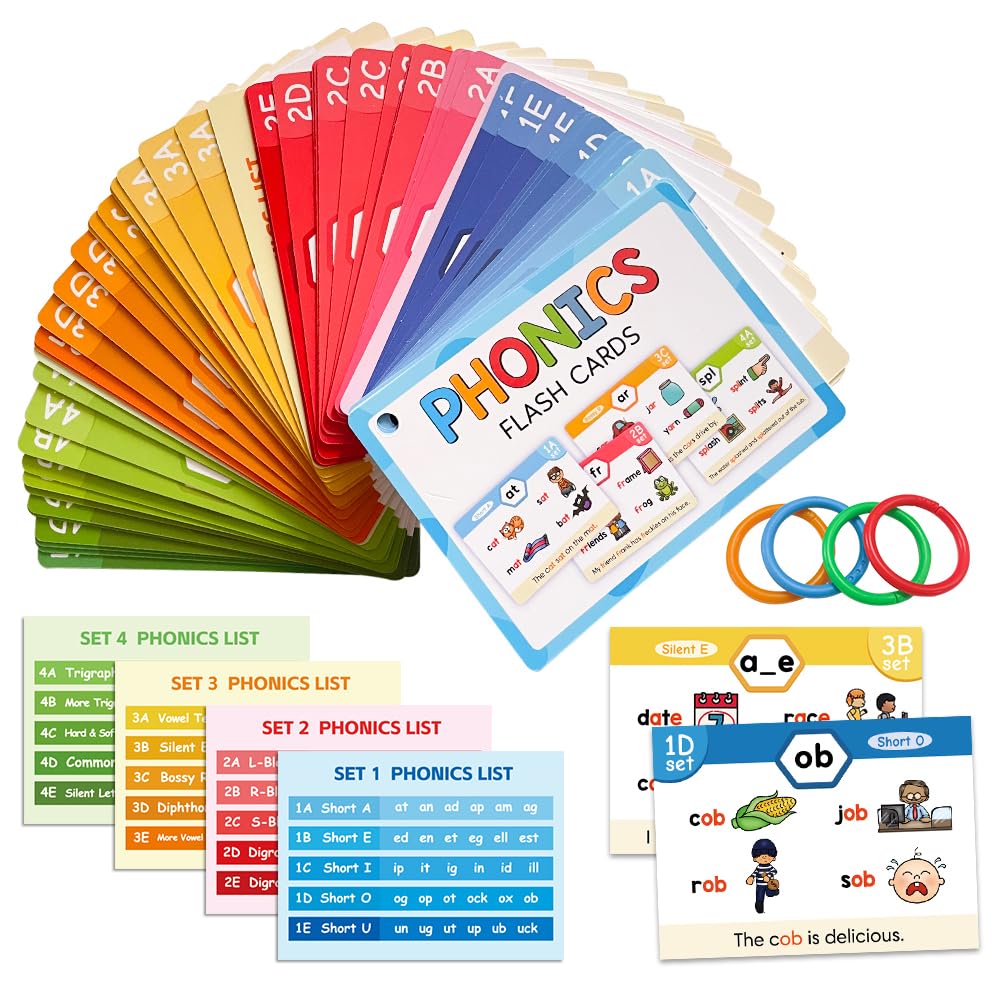 Lachilly Phonics Flash Cards Set, 20 Phonic Stages Cards, Learn to Read in CVC Blends Long Vowels DigraphsSounds for Kids 4-8, Kindergarten Primary School Learning Aids