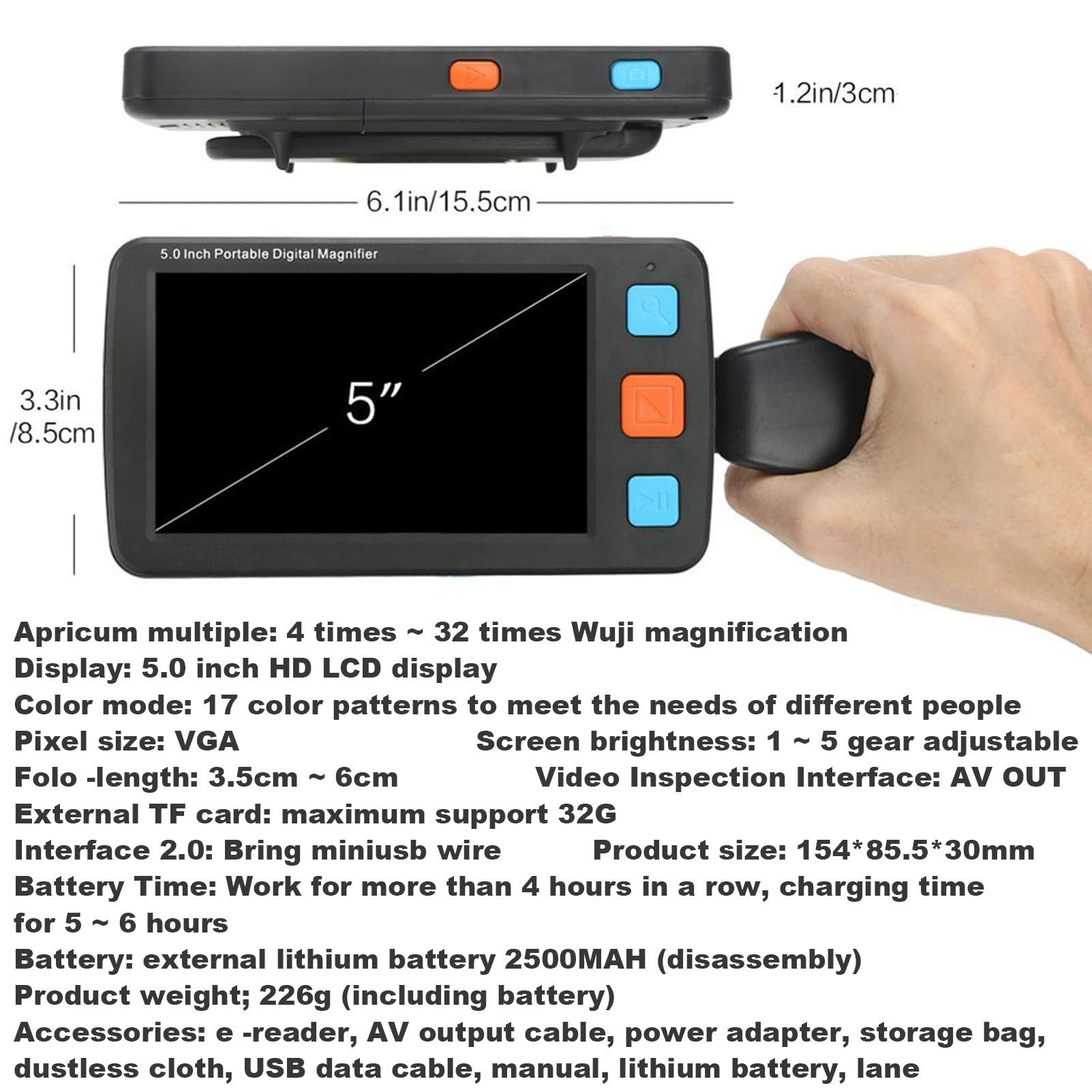 Lupa Digital portátil de 5 Pulgadas para Personas con Baja visión y Personas Mayores, 17 Modos de Color, 5 Niveles de Brillo (Black)