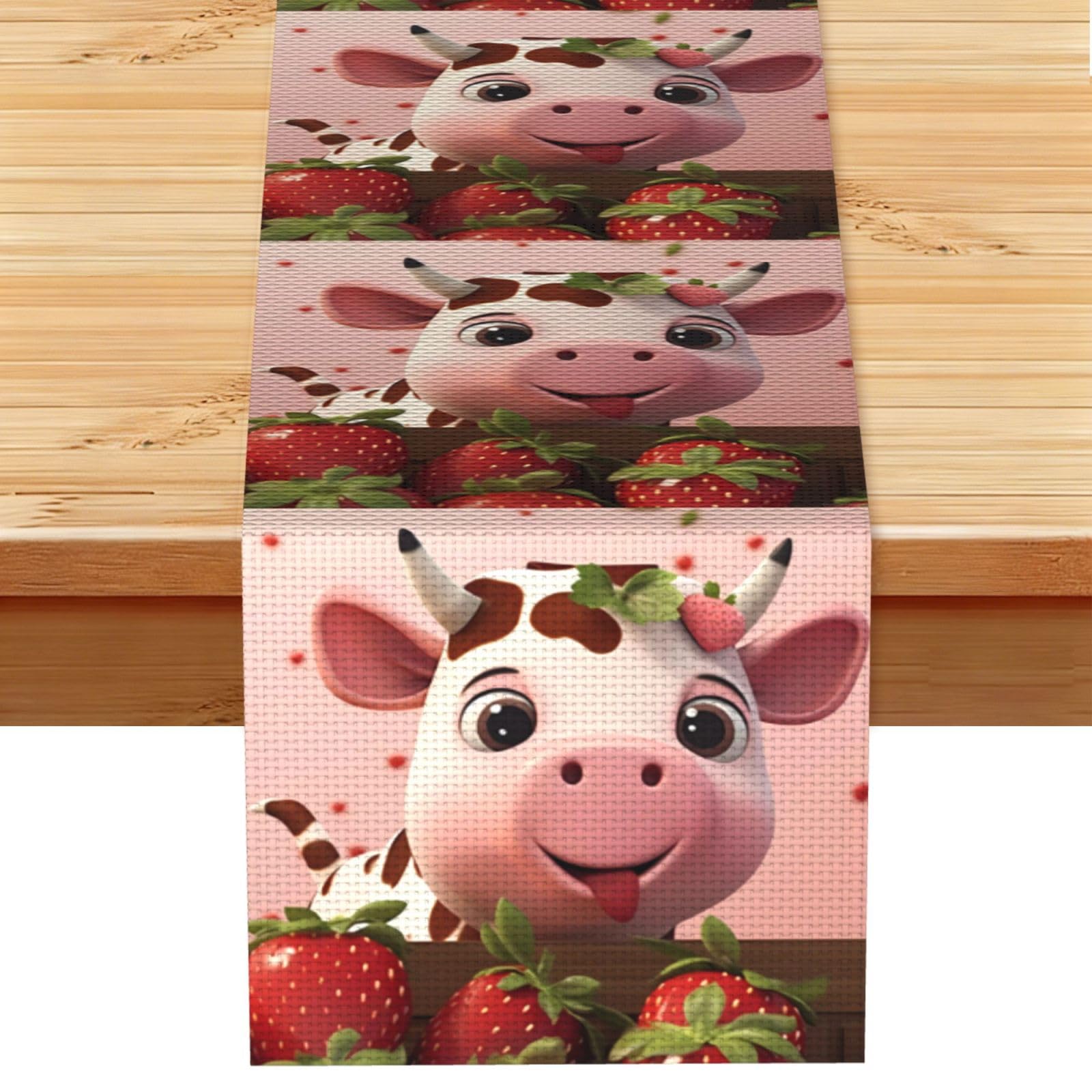 Cows and Strawberries Table Runner 13x72 Inch Dining Decor
