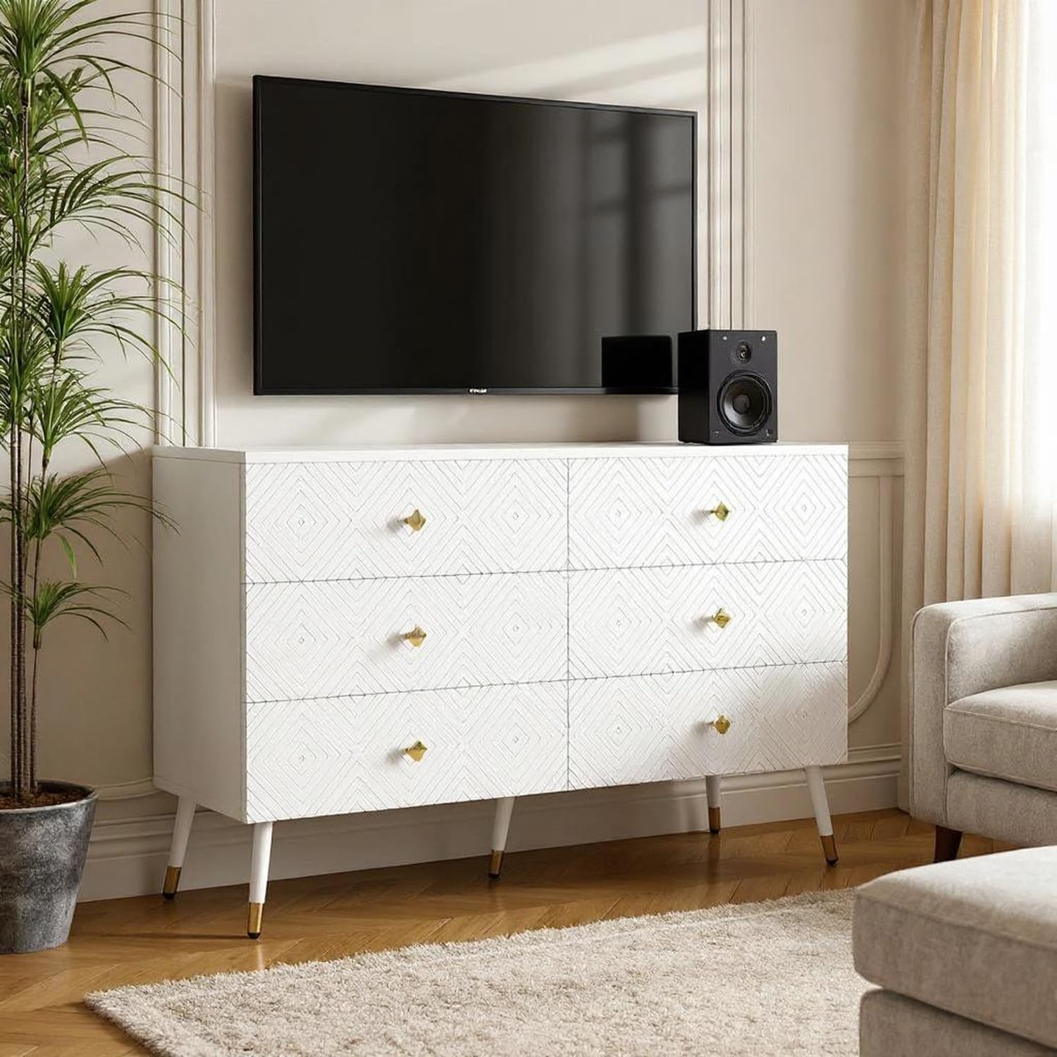 FurnitureR Weißer TV-Bank, 6 Schubladen, Modernes Design, Platzsparende Möbel, Langlebige MDF-Konstruktion, Stilvolles Wohnaccessoire