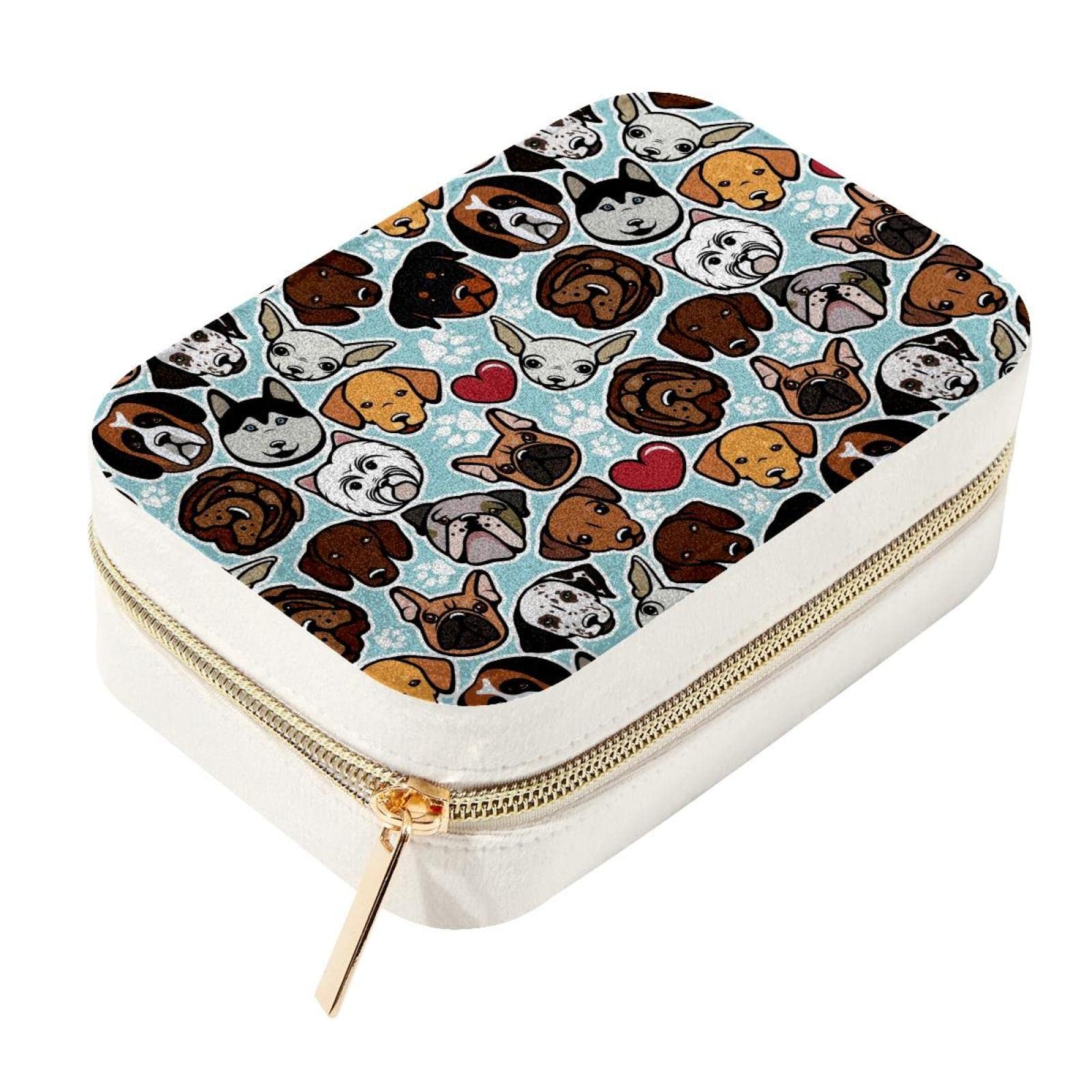 Boîte à bijoux de voyage en velours avec motif chien - Mini coffret portable rose