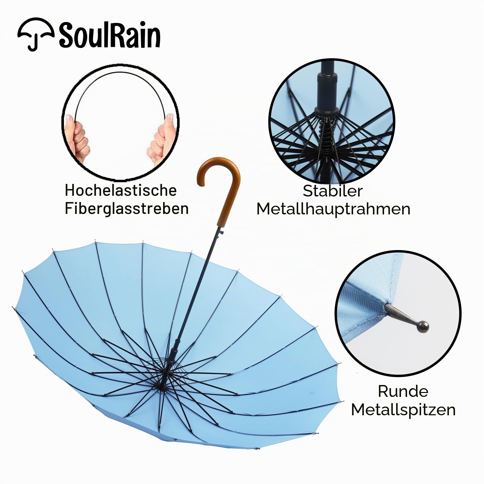 SoulRain 16 Rippen 121,9 cm Stockschirm, automatisches Öffnen, einfarbig, modisch und einfach, bogenförmiger klassischer Holzgriff, winddicht, unzerbrechlich, Regenschirm (Sora)