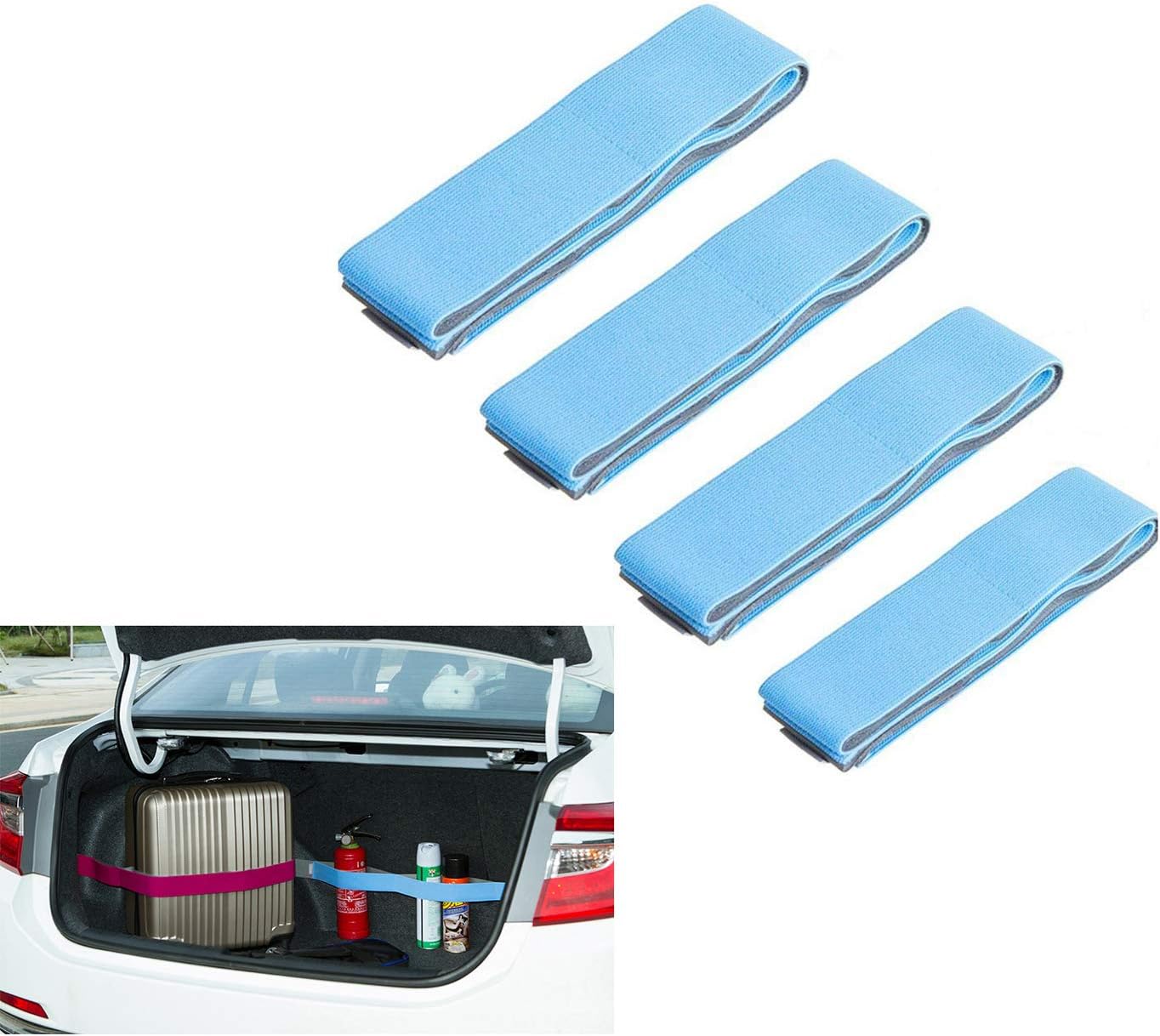 Wommty Multipurpose Auto Car Trunk Organizer Hook&Loop Elastic Straps Fixed Band Cargo Bandages for SUV Vans Basketball Bottle and Fire Extinguisher, 4 Pack (Blue)