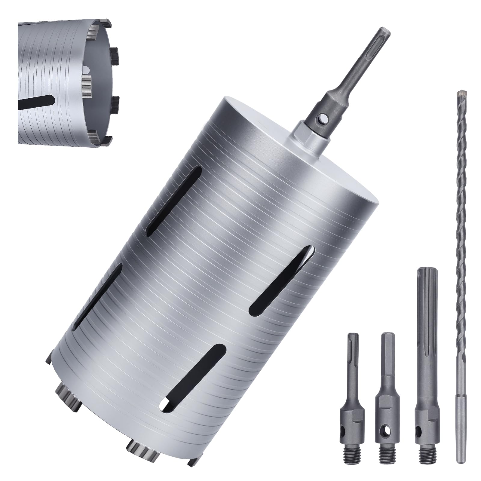 6 inch Diamond Dry Core Drill Bit, 10" Drilling Depth, 5/8"-11 Thread for Concrete Masonry Brick Block, Includes 3 Adapters SDS Plus, SDS Max and Hex