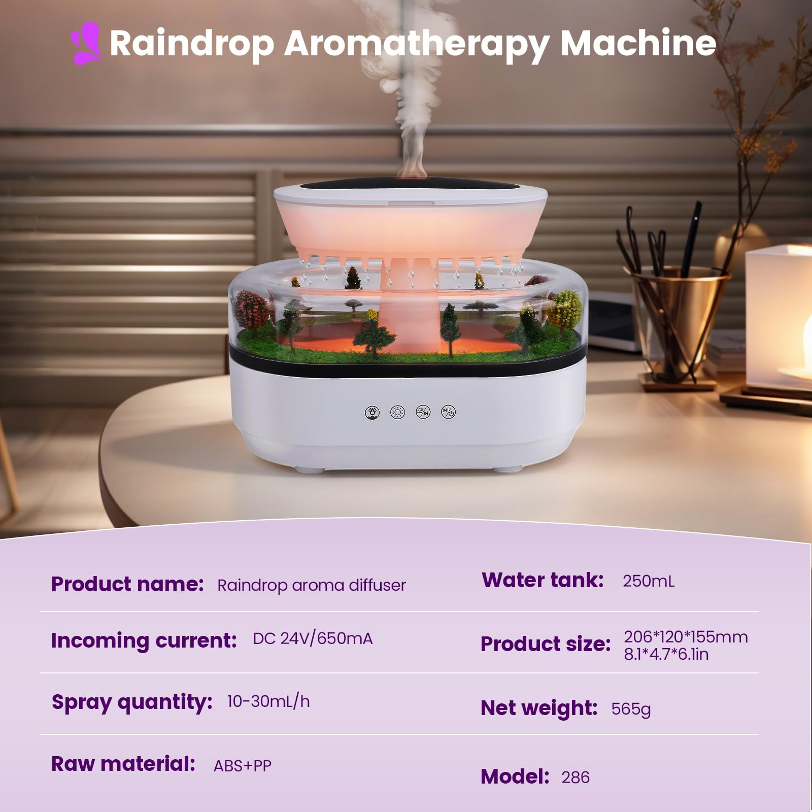 Diffuseur d'Aromathérapie, 250ML Humidificateur d'air à Effet Gouttes de Pluie avec Micro-Paysages, Lumières LED 7 Couleurs et Bruit Blanc, pour Chambres à Coucher et Chambres d'enfants