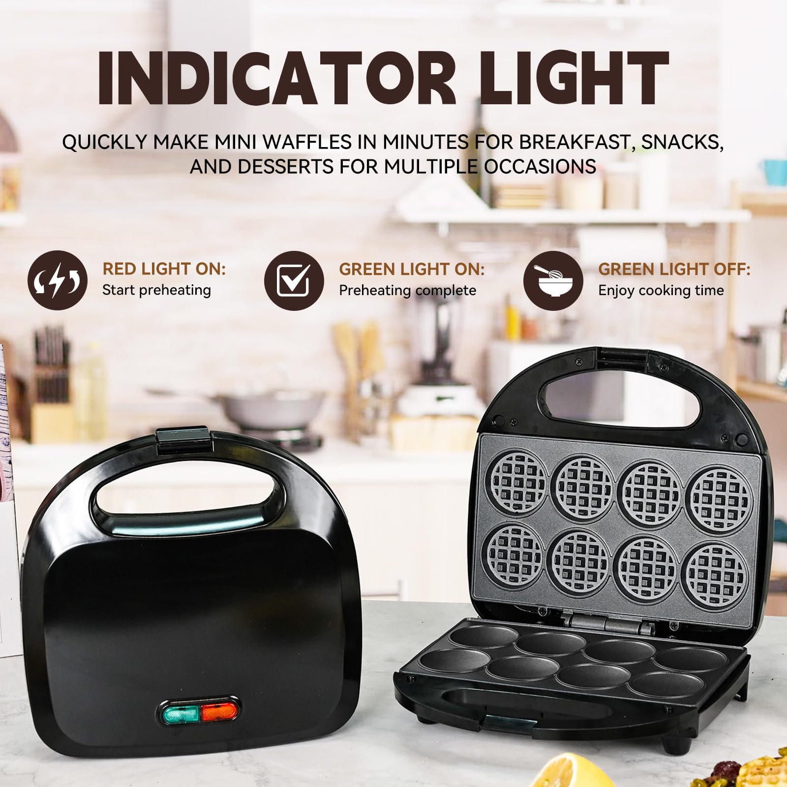 Mini waflera, máquina antiadherente pequeña para hacer gofres con calentamiento rápido, hace 8 waffles, waflera para niños, solo tienes que añadir la bata, adecuada para desayunos, aperitivos, postres 4