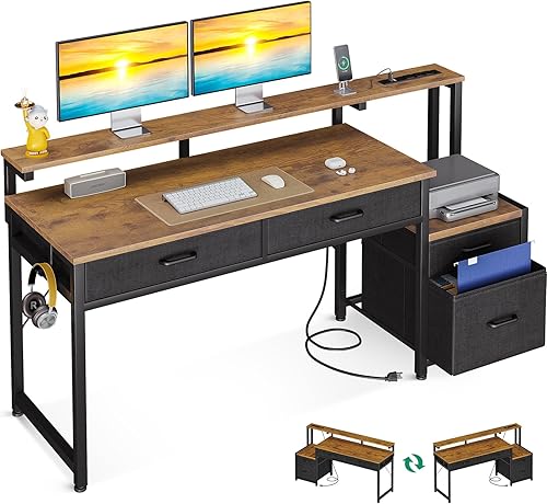 AODK Escritorio para computadora con 4 cajones, escritorio de oficina de 48 pulgadas con toma de corriente, escritorio de oficina en casa con