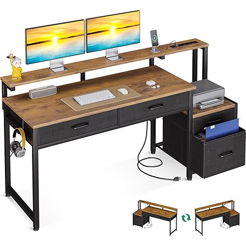 AODK Computer Desk with 4 Drawers, 48 Inch Office Desk with Printer Shelf & Built-in Power Outlet, Work Desk with Monitor Shelf for Home Small Spaces, Rustic Brown