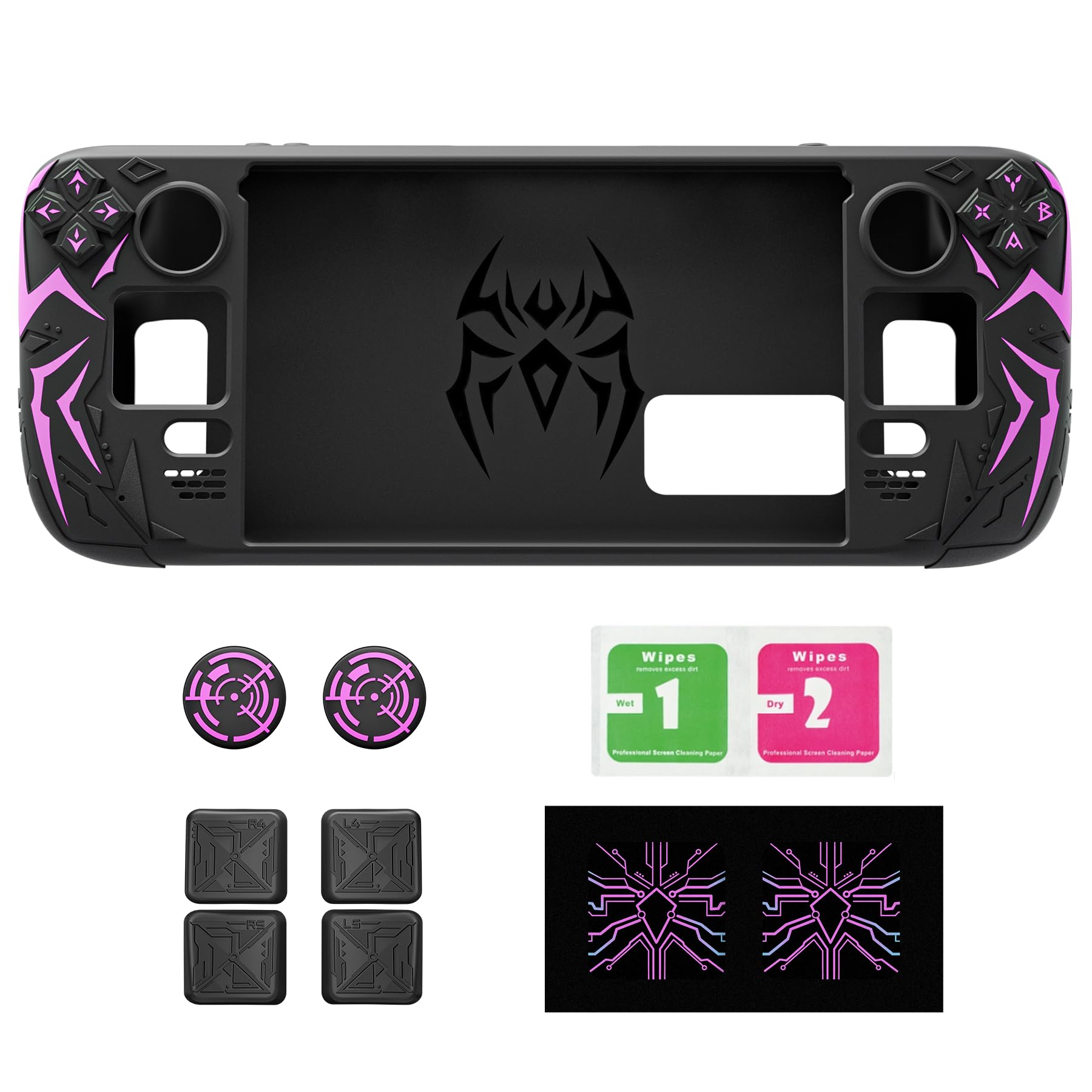 playvital Cyber Spider Schutzhülle für Steam Deck LCD & OLED, rutschfeste Silikonhülle mit Rücktasten-Erweiterungen, Thumbstick-Kappen und Trackpad-Skins für Steam Deck, Schwarz
