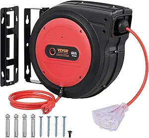 VEVOR Retractable Extension Cord Reel, 65 FT, Heavy Duty 12AWG/3C SJTOW Retractable Power Cord with Lighted Triple Tap Outlet, 15 Amp Circuit Breaker 180° Swivel Bracket for Ceiling or Wall Mount