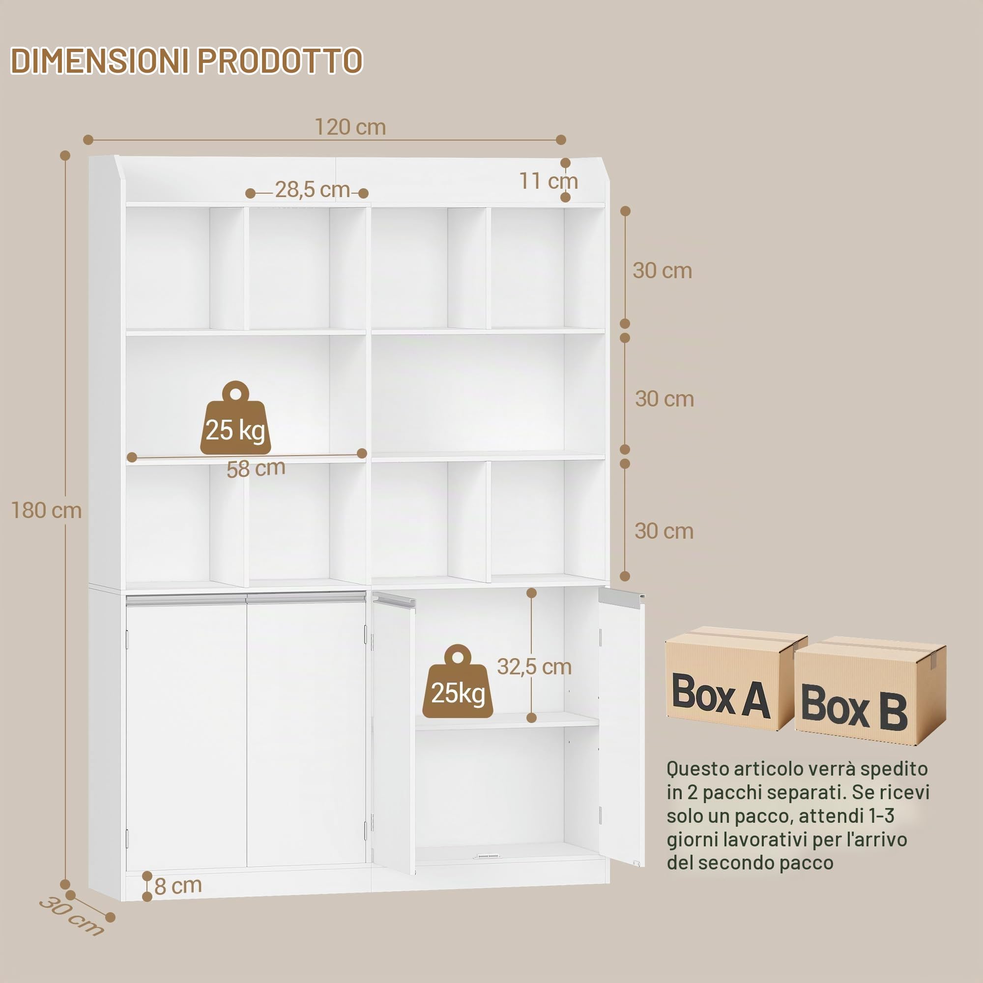 Hzuaneri 180 cm Libreria, con 10 Ripiani Aperti, 2 Armadi Chiusi con Ante, Grande Libreria, Scaffale Aperto, Adatto per Soggiorno, Ufficio, Camera da Letto, 30 x 120 x 180 cm, Bianco BC46503X