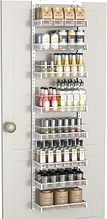 TOPWE Estante de especias para colgar sobre la puerta, 8 niveles de almacenamiento de despensa, estantes ajustables con gancho para cocina y baño, color blanco