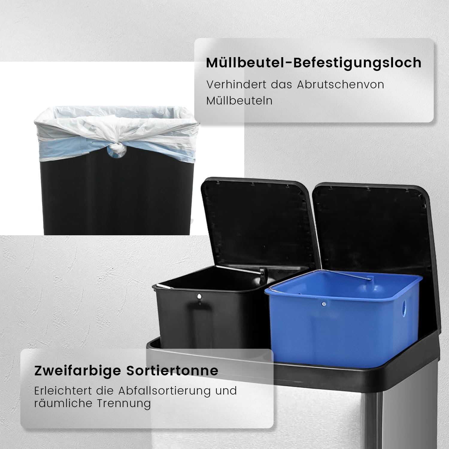 Mülleimer Küche 60l, 2x30L Mülltrennsystem, Tretmülleimer, Silber | Mülleimer 2 Fächer, Edelstahl, Herausnehmbarer Inneneimer,Mülleimer Geruchsdicht, Softclose Deckel, Für Mülltrennung Küche