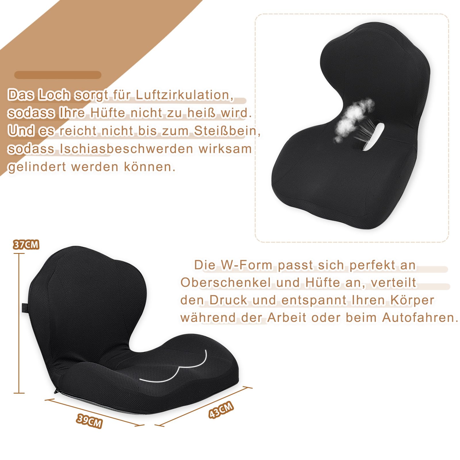 GOFORIT Cuscino per sedile e schienale 2 in 1 - Set ergonomico in memory foam a doppio strato, supporto lombare per sedia da ufficio e sedile auto, comfort per il coccige, antiscivolo e lavabile