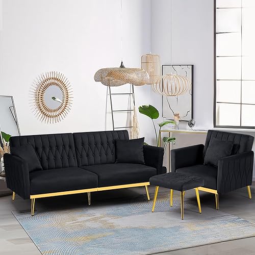2 Pieces Velvet Sofa Set with Adjustable Armrest and Backrest, 70” Convertible Futon Sofa Bed & Mordern Accent Chair with Ottoman for Living Room, Bedroom, Black