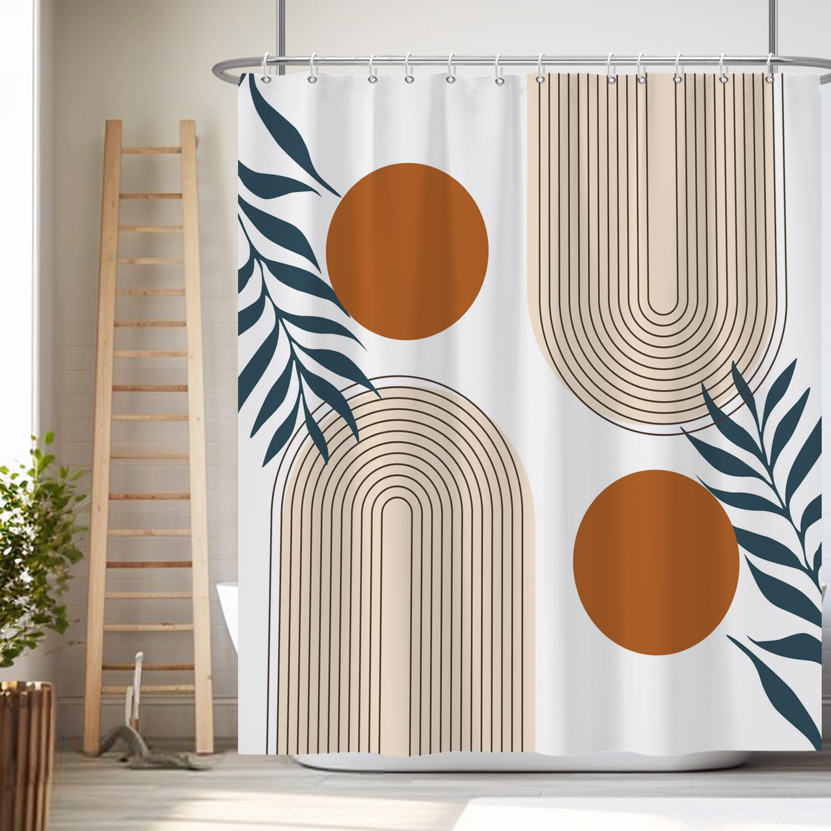 Rideau de douche en tissu imperméable orange et beige pour embellir une douche vieillissante