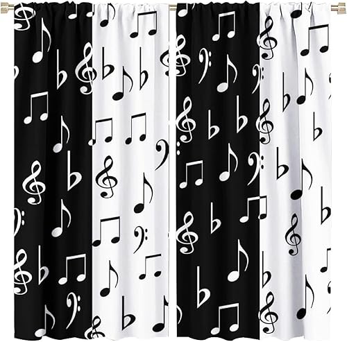 Cortinas de notas musicales, bolsillo para barra, fantasía musical, arte vintage, rústico, blanco y negro, juego de 2 paneles para decoración de