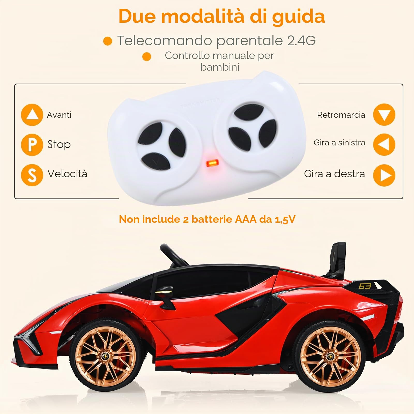 SOARS Macchina Elettrica per Bambini Lamborghini SIAN 12V con Telecomando, Auto Elettrico a Pedale e Luci LED, Veicoli con Musica, MP3, Clacson e Radio, Carico 25 kg, 3-8 Anni (Rosso)