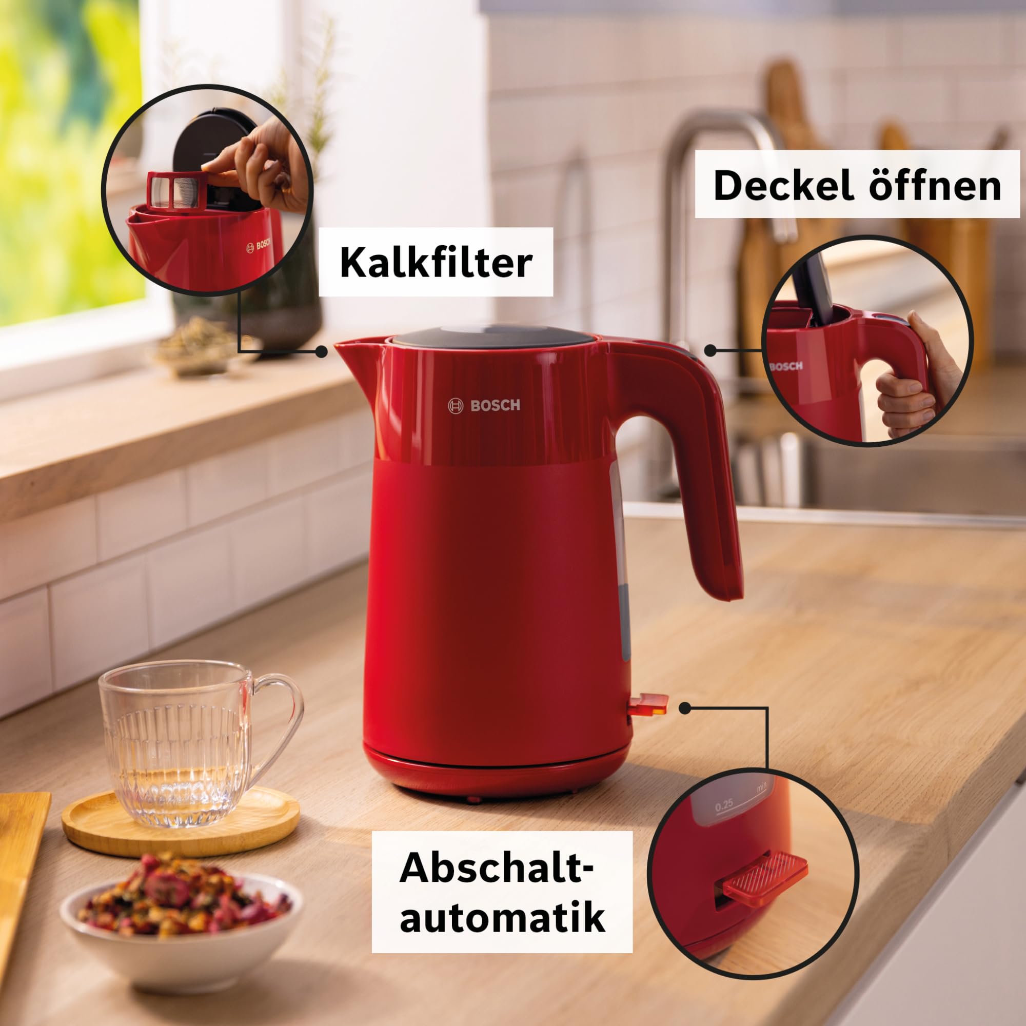 Bosch kabelloser Wasserkocher MyMoment TWK2M164, Abschaltautomatik, Überhitzungsschutz, Tassenanzeige, entnehmbarer Kalkfilter, Trockengehschutz, Dampfstopp-Automatik, 1,7 L, 2400 W, Rot matt