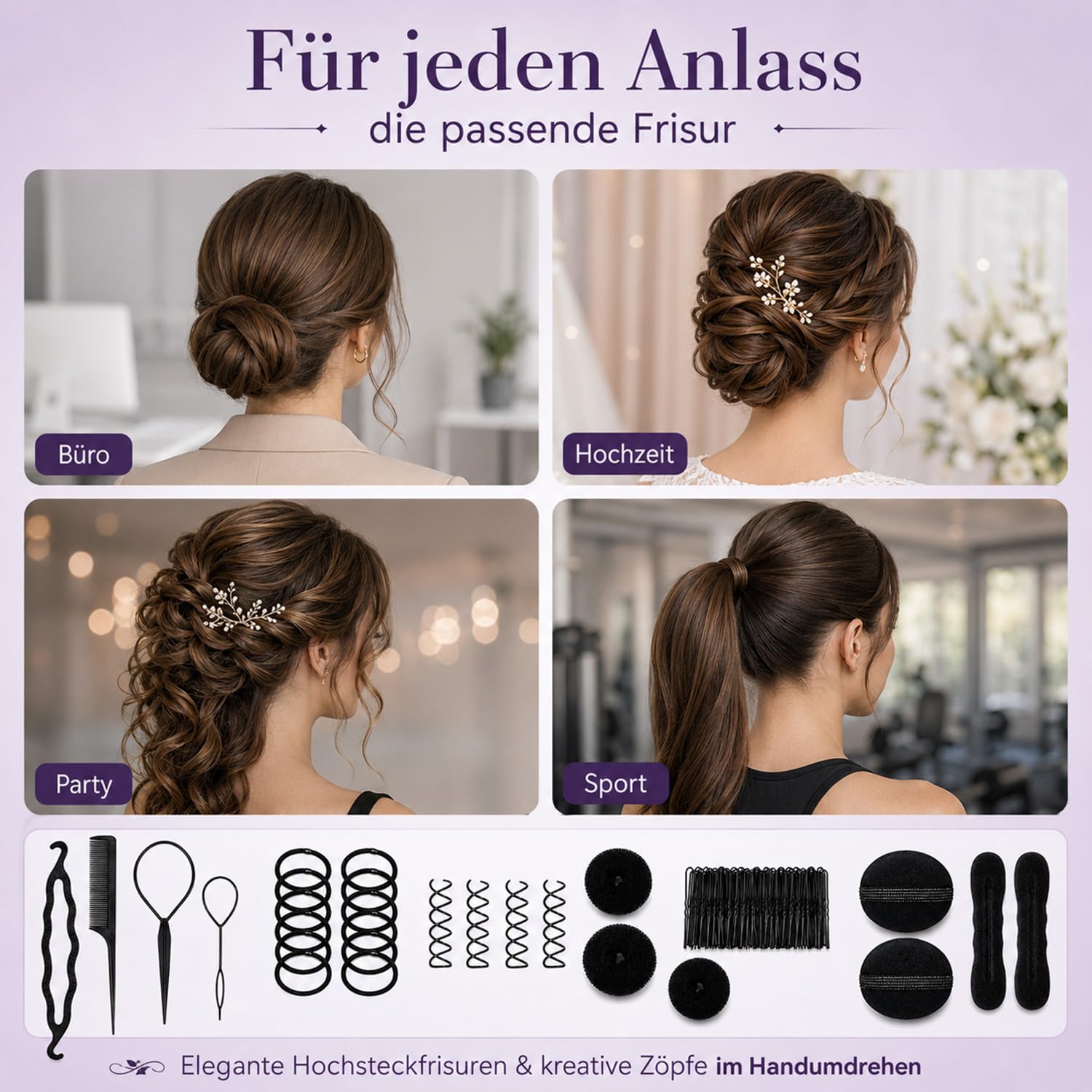 66-teiliges Frisurenhilfe Set, Flechthilfe Haare,Hochsteckfrisuren Zubehör, DIY Haarstyling Set für Zöpfe Dutt und Pferdeschwanz, inkl. Duttkissen, Haarnadeln, Schwarz