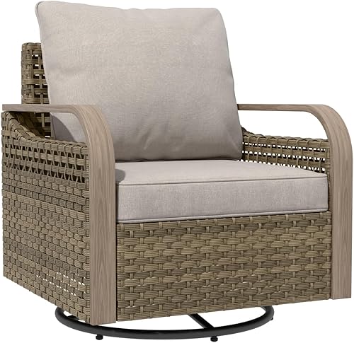 Miniatura 9 de Moderna mecedora giratoria de mimbre para exteriores, silla mecedora de ratán para patio, terraza, porche, jardín, 1 pieza, marróngris