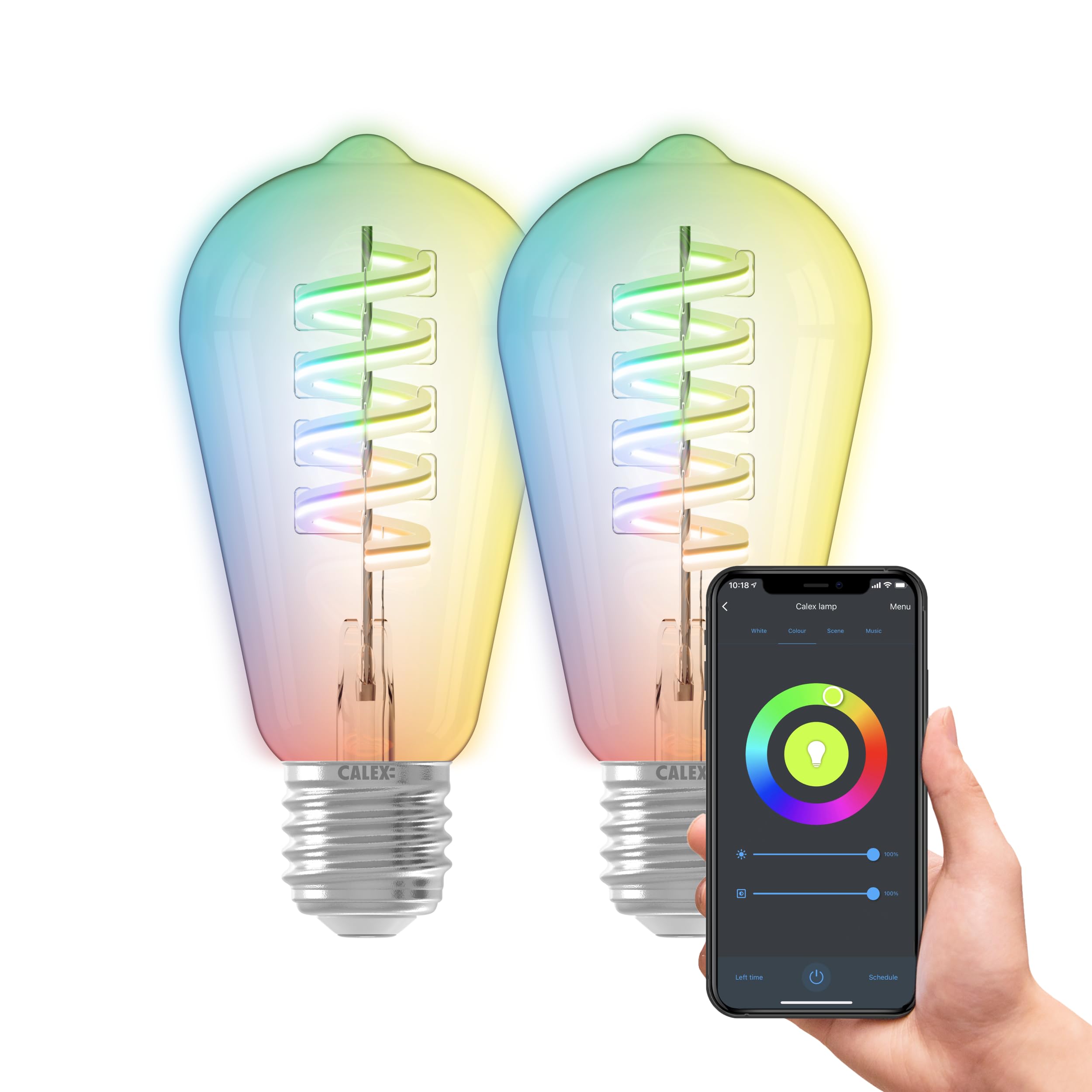 CALEX Lampadina LED Smart E27 ST64, RGB e Bianca, WiFi App, Confezione da 2 | Scegli tra 16 milioni di colori, con controllo vocale tramite Alexa, Google Home o Siri, senza hub