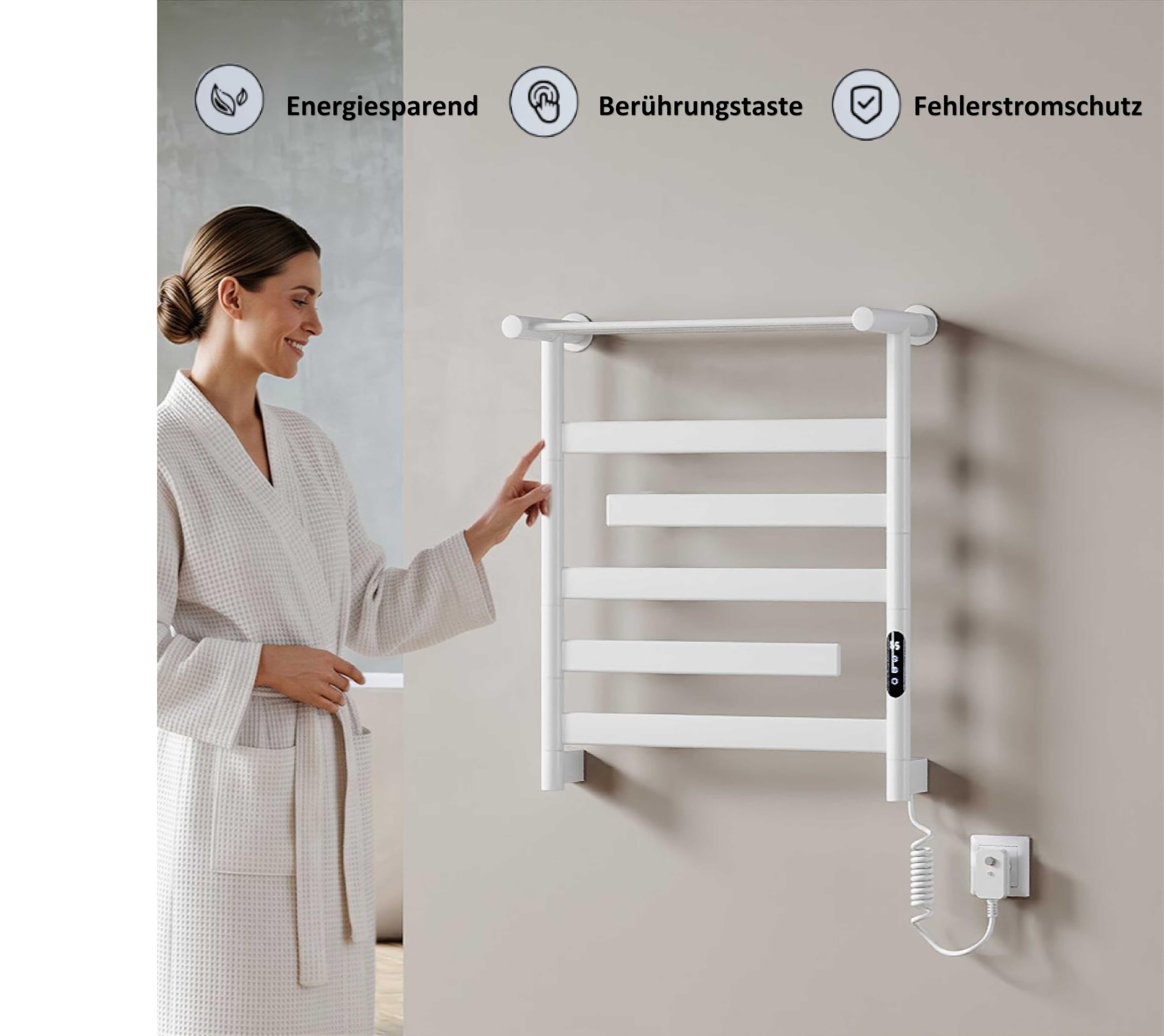 Handtuchheizkörper Elektrisch 66 x 55cm, 180° Drehung Handtuchwärmer Elektrisch mit Heiz-Ablage, WiFi Smart Thermostat für Alexa und Google Home, 30-70°C, 140W, Weiß, IPX4, Fehlerstromschutz