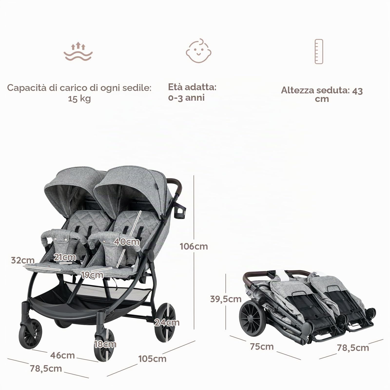 LIFEZEAL Passeggino doppio fianco a costa, Tandem gemelli pieghevole, schienale reclinabile a 3 posizioni, poggiapiedi, imbracatura a 5 punti, carico 15+15 kg, bambino 0-3 anni (grigio chiaro)
