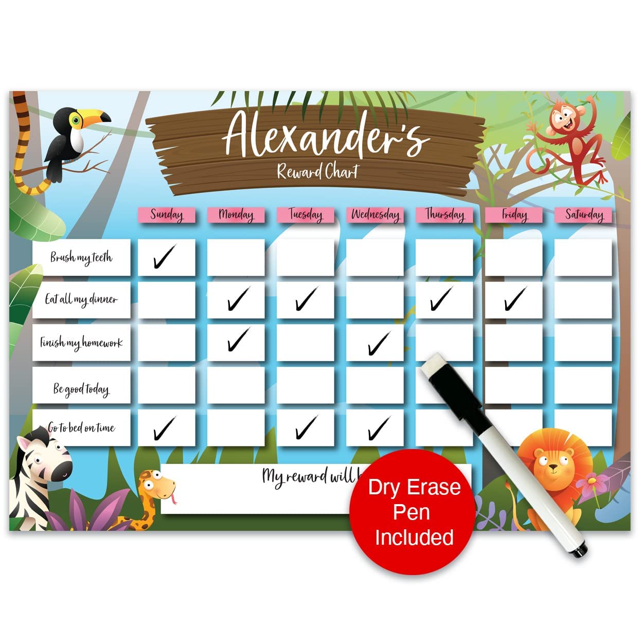 Paper Themes Personalised Reward Chart for Children | Behaviour Charts for Children for Responsibility and Routine with Dry Erase Pen (Jungle)