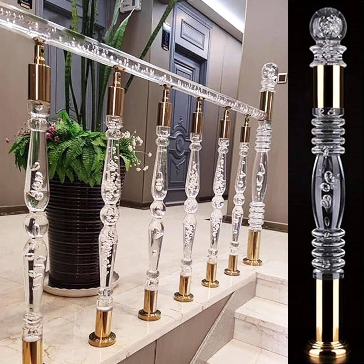 Newel Post Clear Acrylic Stair Posts, 45 47 49 in Staircase Balusters Post with Crystal Finial, Elegant Stair Spindles Column for Porch Deck Indoor Outdoor(Silver,125 cm(49 1/4"))