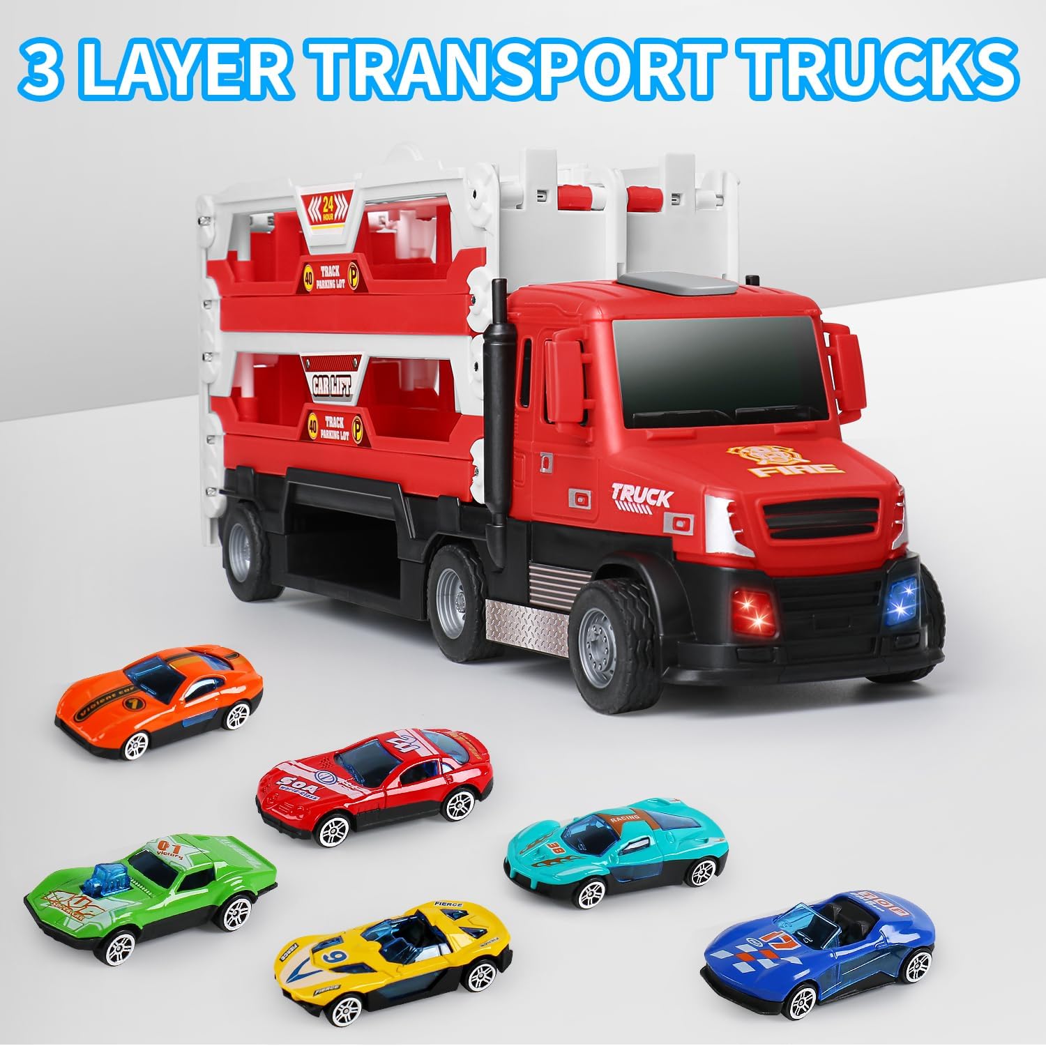 6 in 1 Transport Truck Toys for Kids, Police Trucks Carrier Cars with 6Pcs Metal Race Car with Light&Sounds, Toddler Vehicles Toys Gifts for Boys Girls Age 3 4 5 6 7 8-Red