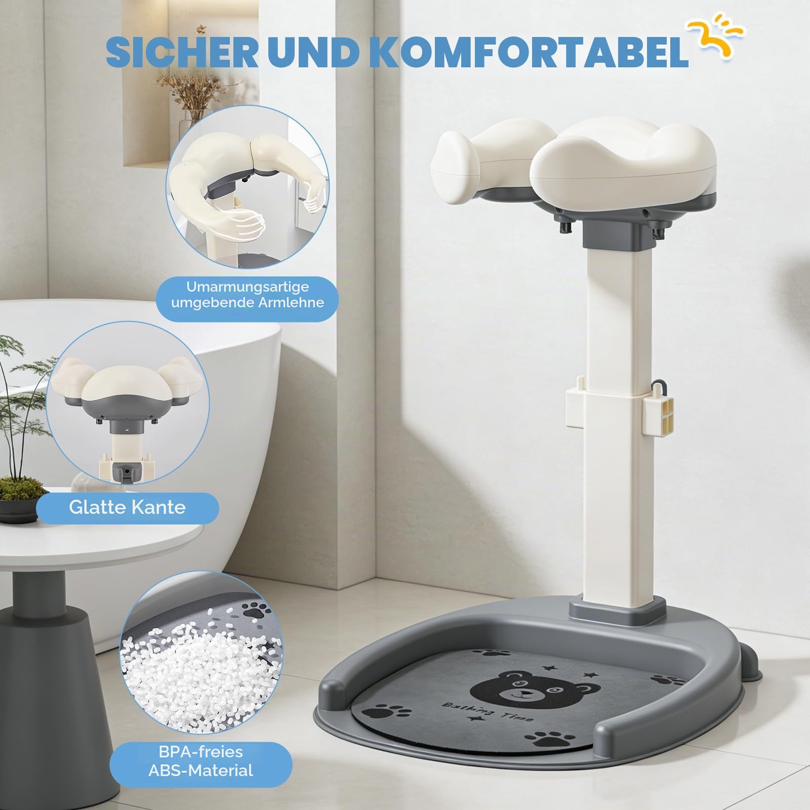 Baby Dusche Ständer, Höhenverstellung 40-57cm, Baby Shower Stand Support mit Anti-Rutsch Basis & Rutschfester Matte, BPA-frei, Shower Support für Kinder 6-36 Monate zum Baden, Wickeln & Anziehen(Weiß)